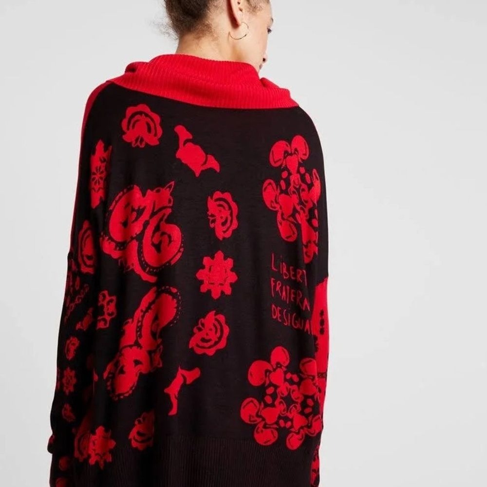 Desigual Women Sweater Medium Red Black Marylebone Fringed Cowl Neck Art Paisley - Picture 9 of 13